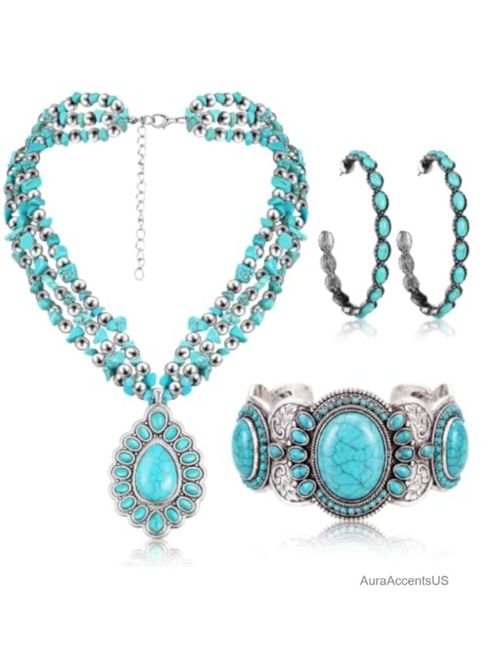 Turquoise Boho Jewelry Set Choker Necklace Bracelet Earrings 3 Pc